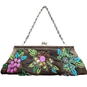 Vintage Y2K Max Mayer brown satin beaded clutch purse evening bag dressy floral